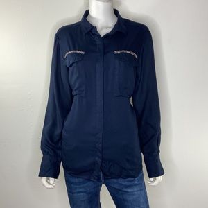 Navy button down with decorative pockets‎